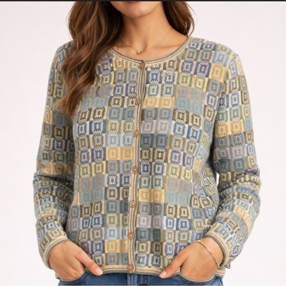 Talbots Vintage Square tile Geometric Cardigan Granny Button Front Blue Green